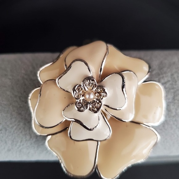 Cream Enamel Flower and Silver Tone Bangle Cuff with Crystal and Pearl Accents - Picture 1 of 9